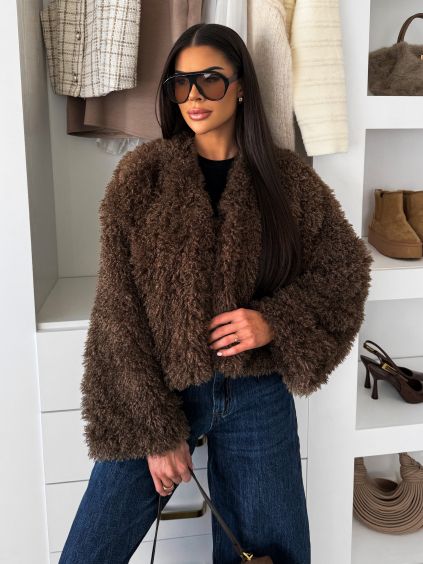 Hnědý faux fur kožešinový kožíšek kabátek GLARIA (Veľkosť S/M)