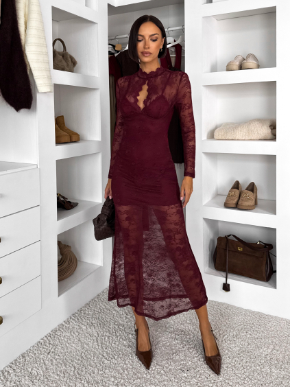 Vínové elegantné krajkové šaty KELORA s dlhým rukávom (Veľkosť M/L)