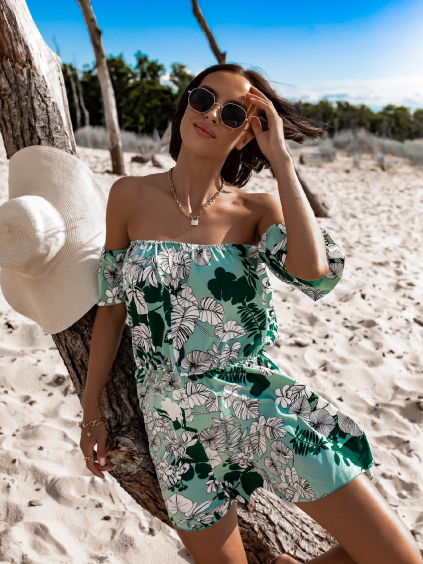 Tyrkysový krátky overal IMAGE s kvetinovou potlačou