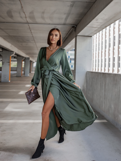 Khaki elegantné šaty WOMAN s dlhým rukávom