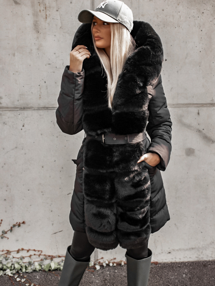 Čierna bunda ZOFIA s kožušinou
