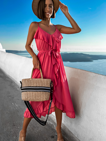 Malinové volánikové šaty RHEA na ramienka