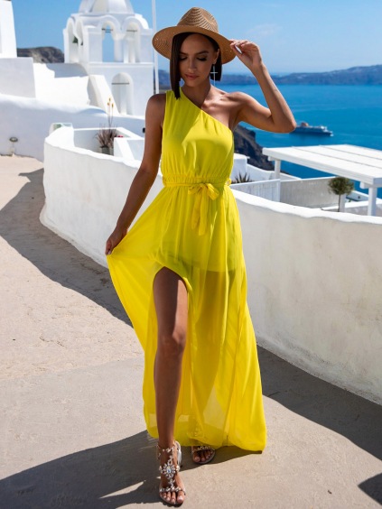 Žlté ľahké dlhé šaty LORRI na jedno rameno