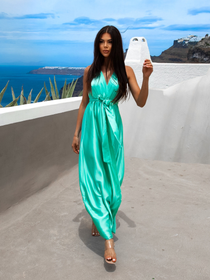 Tyrkysové lesklé šaty VALERDI s variabilným viazaním a rázporkom