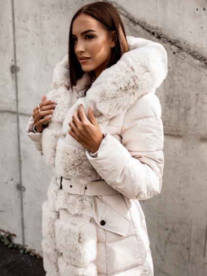 Krémová bunda ZOFIA s kožušinou a opaskom