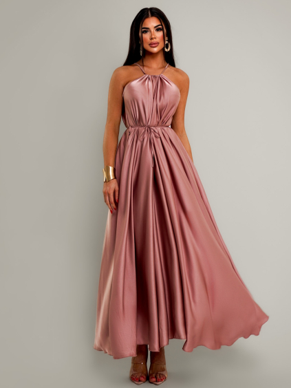 Starorůžové dlouhé lesklé elegantní šaty MADES se zavazováním (Veľkosť ONESIZE)