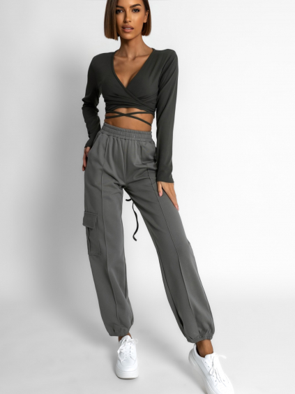 Khaki zavinovací top MIRDRE s dlhým rukávom