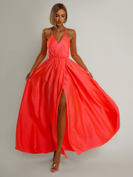 Koralové lesklé dlhé plesové šaty CHRYSANTHE