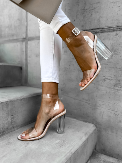 Svetloružové topánky na podpätku WEISSE s transparentným podpätkom a opaskom