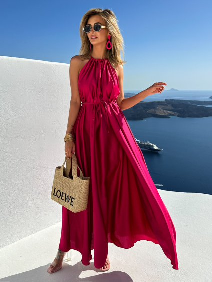 Tmavo ružové dlhé lesklé elegantné šaty MADES so zaväzovaním