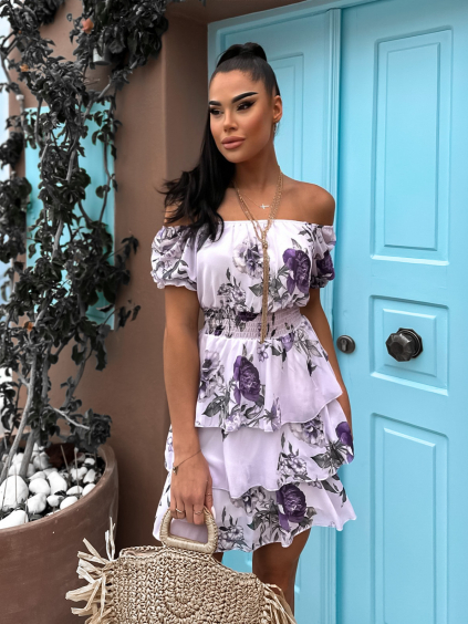 Svetlo fialové kvetinové šaty LUOVARE s volánikmi