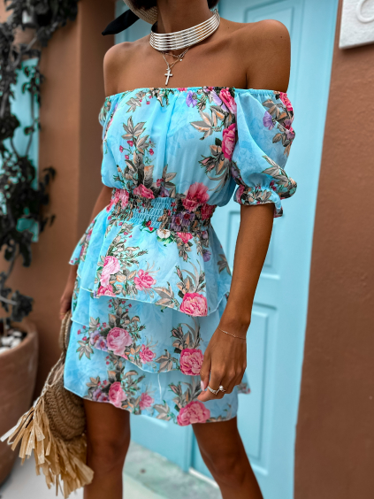 Svetlomodré kvetinové šaty LUOVARE s volánikmi