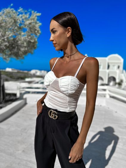 Bílé elegantní body DASY s řasením (Veľkosť M/L)