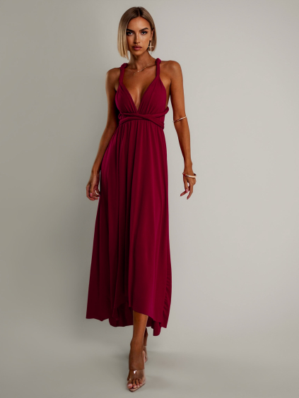 Bordó elegantní šaty BEATRICE s vázáním (Veľkosť ONESIZE)
