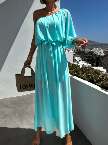 Tyrkysové dlhé elegantné šaty NAVEL na jedno rameno