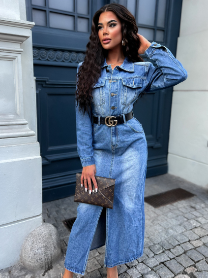 Modré denim šaty GOLEN s dlhým rukávom