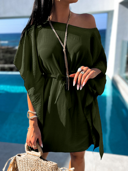 Khaki elegantné šaty MEERA na zaväzovanie