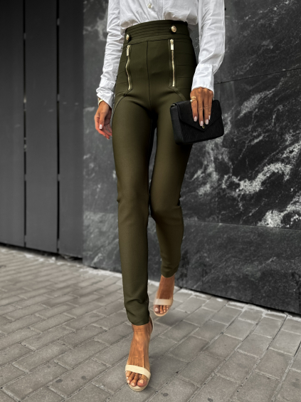 Khaki elegantné nohavice KIWENIS so zipsami