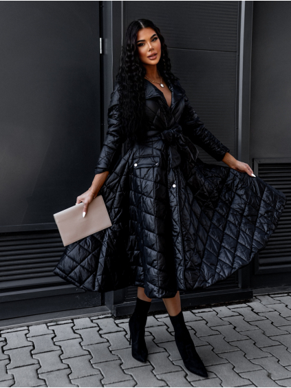 Čierna dlhá prešívaná bunda BALIONE s opaskom