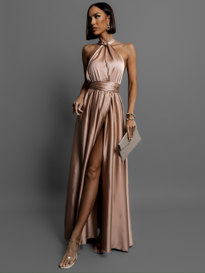 Zlaté lesklé šaty VALERDI s variabilním vázáním a rozparkem (Veľkosť ONESIZE)