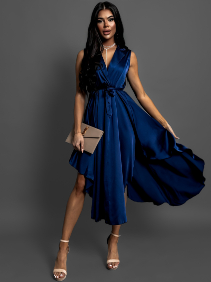 Tmavomodré saténové šaty BLAINE s viazaním