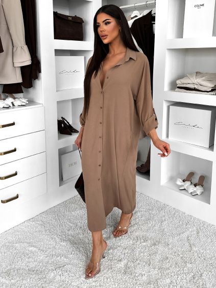 Hnědé basic dlouhé košilové šaty košile NESSY (Veľkosť ONESIZE)