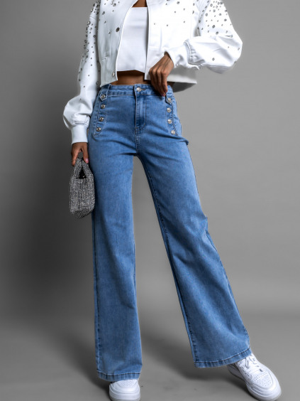 Modré wide leg džínsy BEYONCE so zlatými gombíkmi