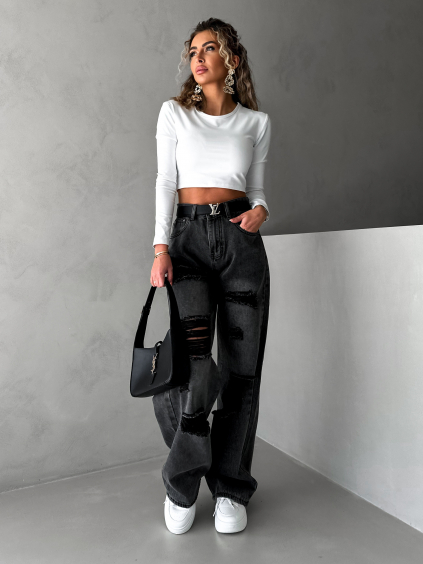 Čierne wide leg široké roztrhané džínsy FAUTEL