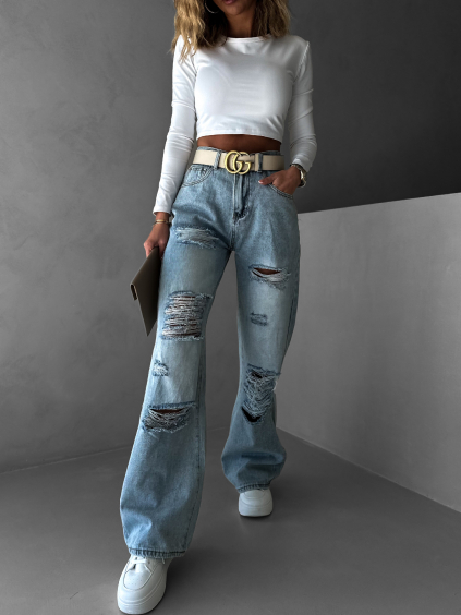 Svetlé wide leg široké roztrhané džínsy FAUTEL