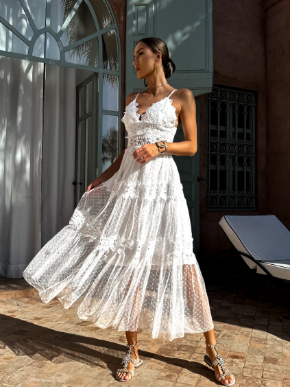 Biele boho šaty BRUNOSI s čipkou