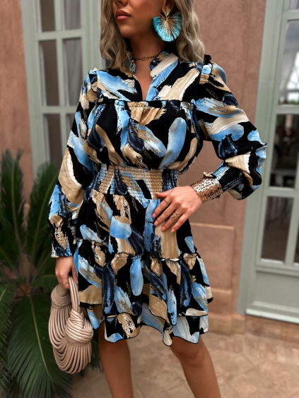 Modré krátke košeľové šaty HOLGER s volánikmi