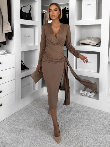 Hnědé dlouhé elegantní šaty AUTIS se zavazováním (Veľkosť ONESIZE)