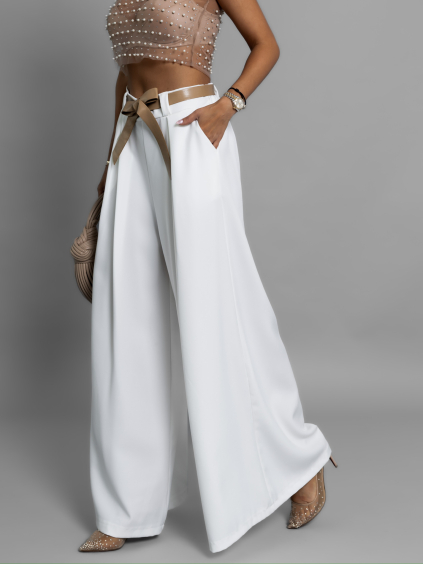 Biele elegantné wide leg široké nohavice LARITIS s opaskom