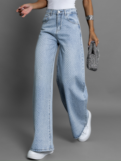 Modré široké wide leg džínsy TAMARIND s kamienkami
