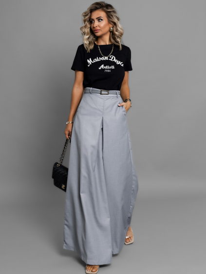 Šedé elegantné široké nohavice CATERINA s opaskom