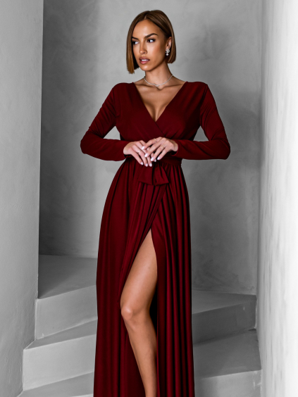 Vínové dlouhé společenské šaty JOELLIAN s dlouhým rukávem (Veľkosť ONESIZE)