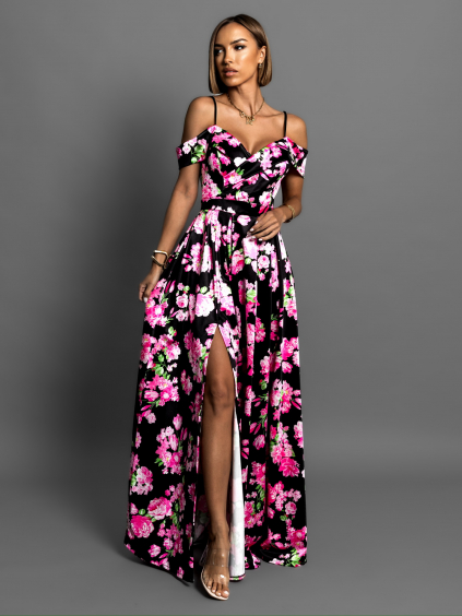 Čierne dlhé saténové kvetinové šaty MAXWELL