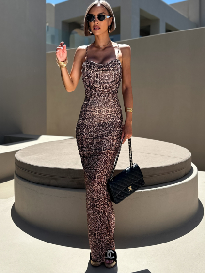 Hnedé elegantné šaty KYRYL s leopardím vzorom