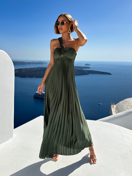 Kaki elegantné šaty TOKIA cez jedno rameno