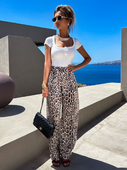 Krémové letné nohavice SPIDER s leopardím vzorom