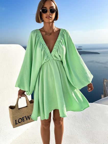 Světle zelené boho krátké šaty RANGE s výstřihem (Veľkosť ONESIZE)