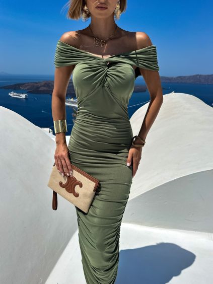 Khaki dlouhé elastické společenské šaty KRAULET (Veľkosť ONESIZE)