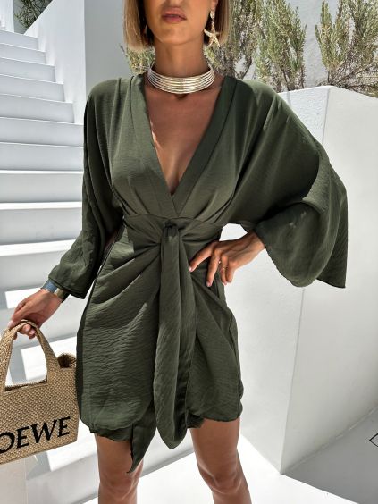 Khaki boho šaty BANKIE na zavazování (Veľkosť ONESIZE)