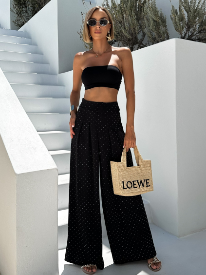 Čierne široké elegantné nohavice JULEK s kamienkami