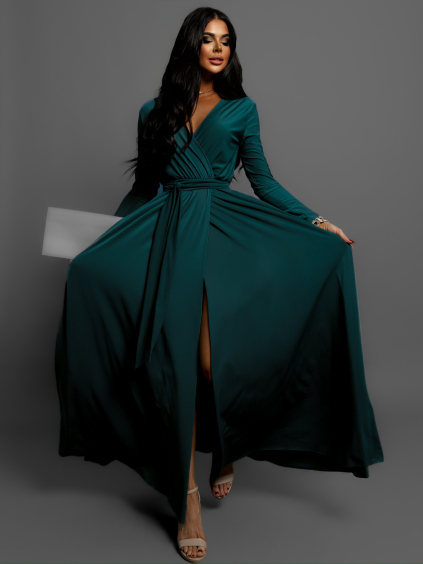 Petrolejové dlouhé šaty JOELLIAN s dlouhým rukávem (Veľkosť ONESIZE)