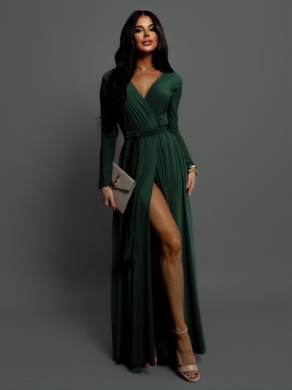 Smaragdové dlhé večerné šaty JOELLIAN s dlhým rukávom