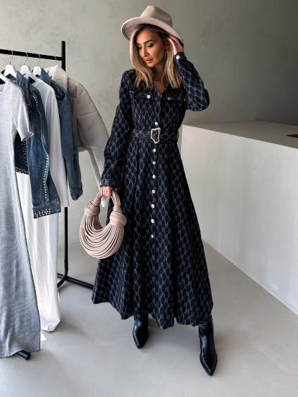 Čierne džínsové dlhé šaty HALIJA s opaskom