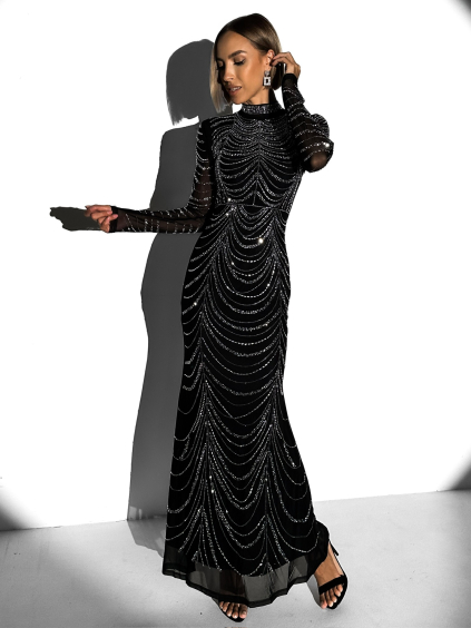 Čierne trblietavé dlhé šaty BISERKA s dlhým rukávom