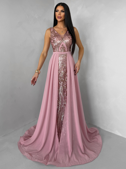 Růžové dlouhé plesové šaty LUENNA (Veľkosť L)