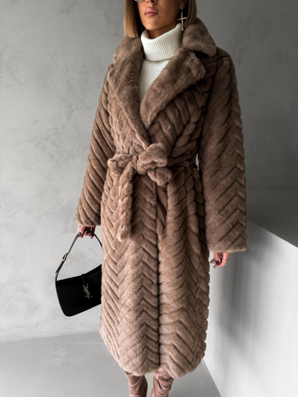 Hnedý dlhý faux fur kožušinový kabát TALAPATO